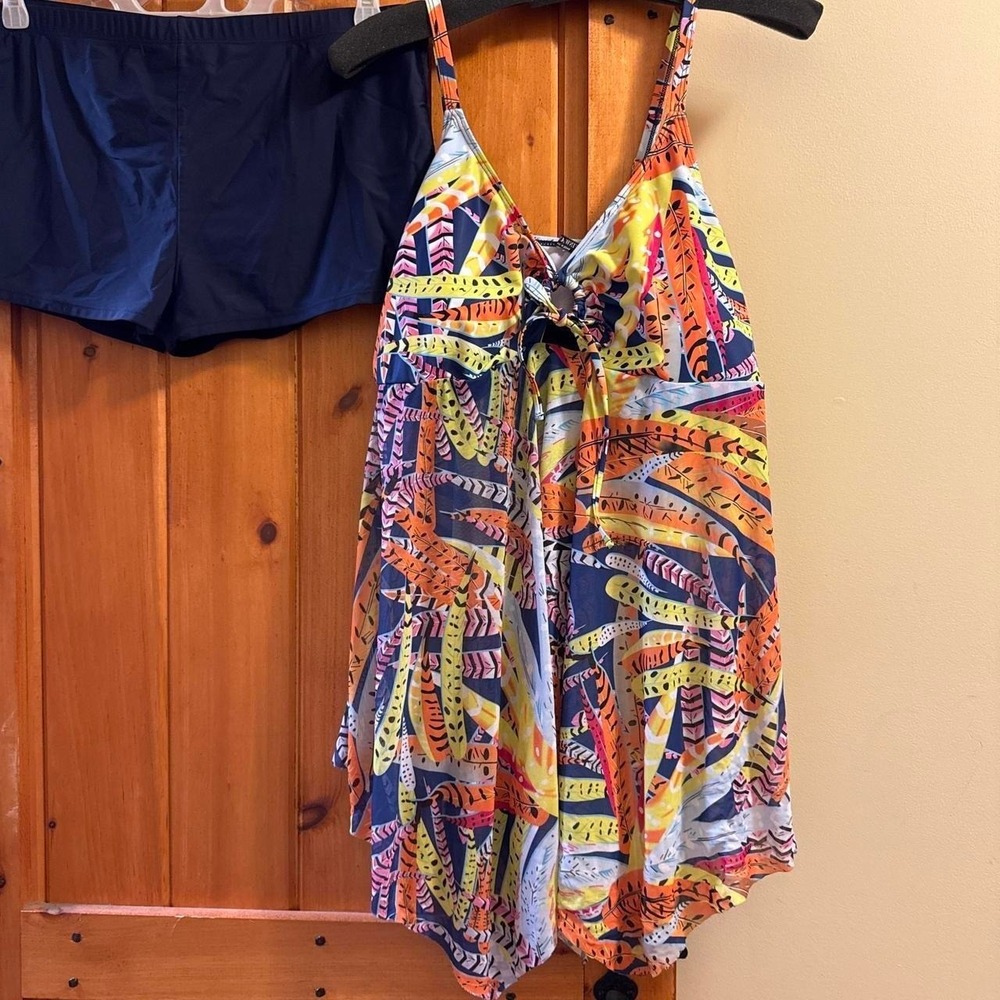 Multi-coloured tropical print halter neck swim dress size XXL